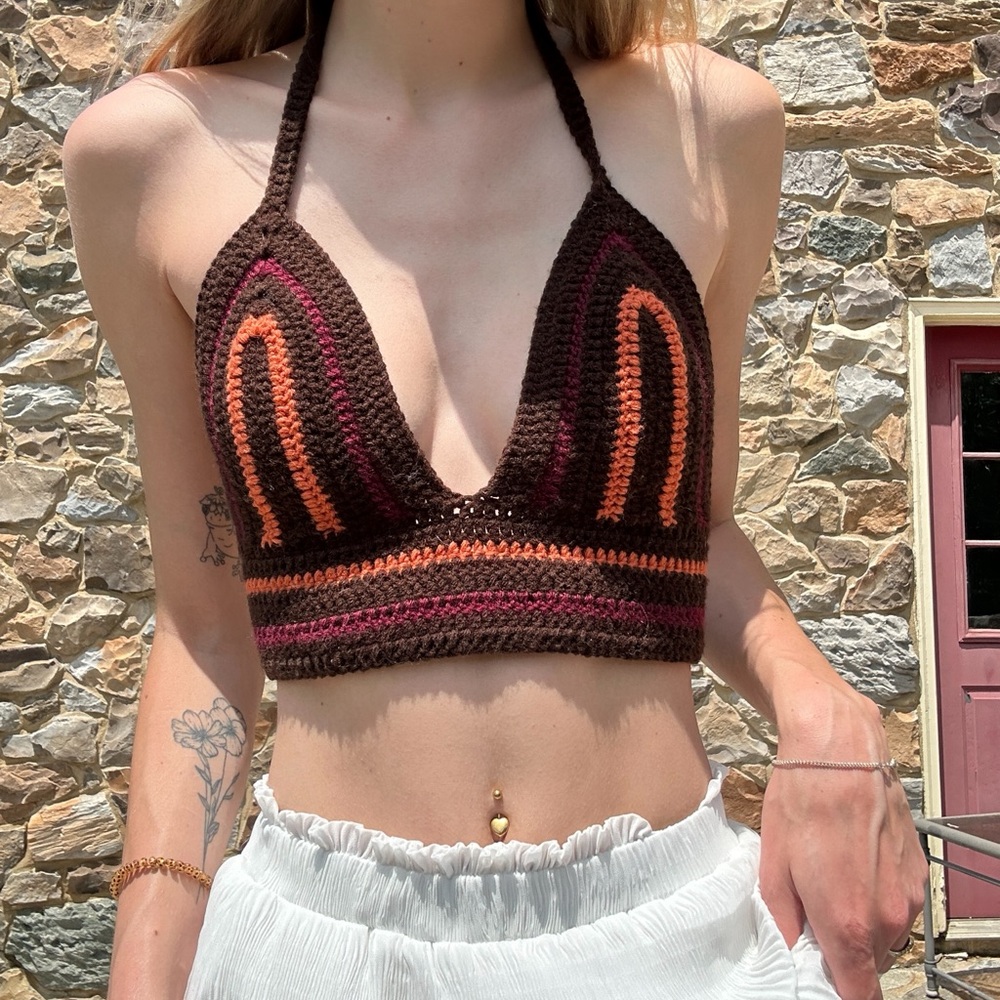 Brown and Orange Crochet Crop Top
